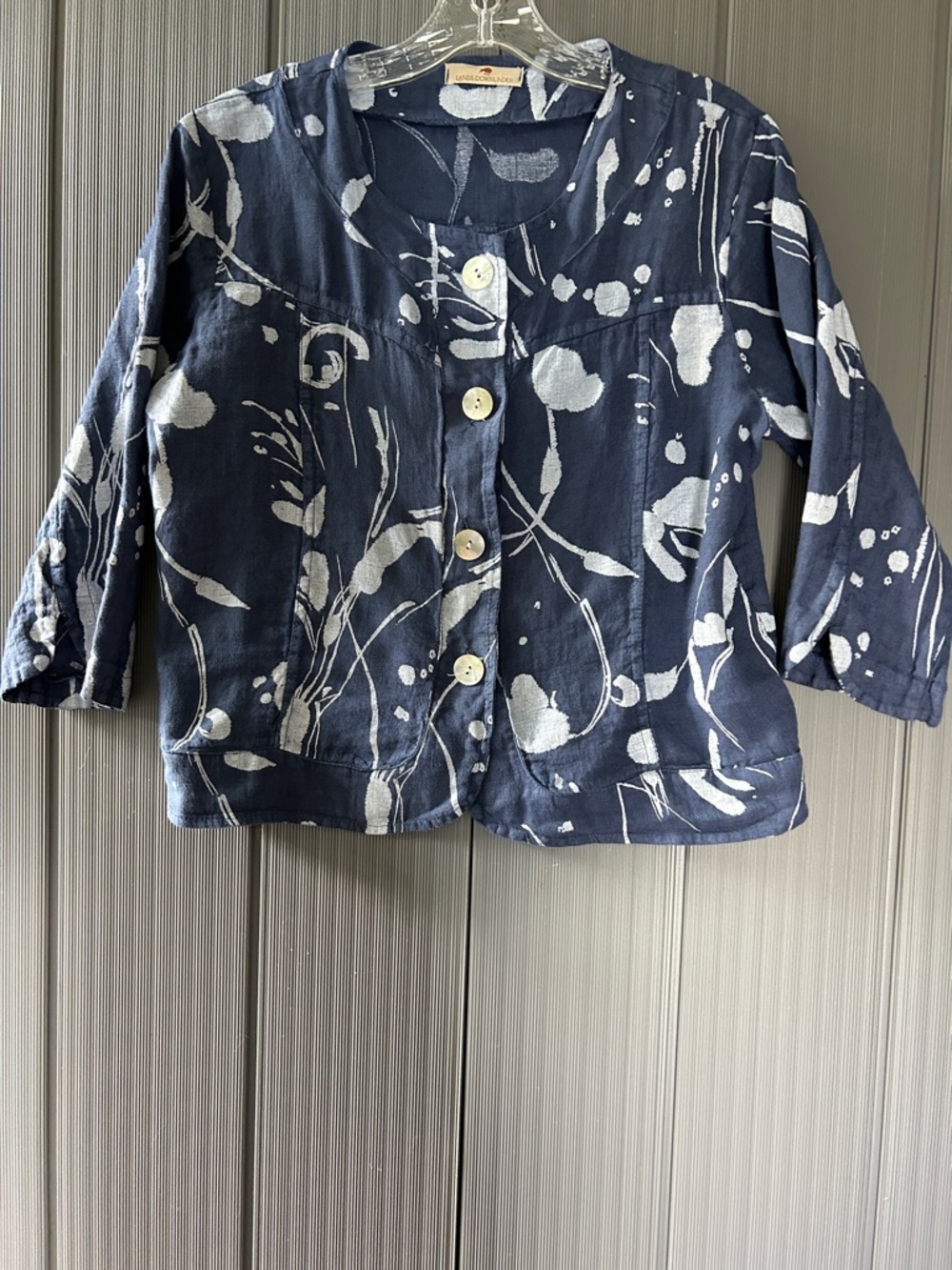 Women's 100% Linen Blue Printed Button-Front Jacket